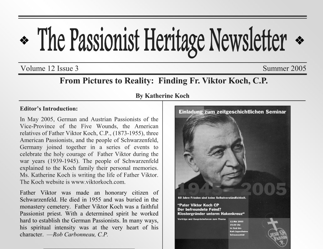 New Article for the Passionist Heritage Newsletter: Latest News From the Viktor Project