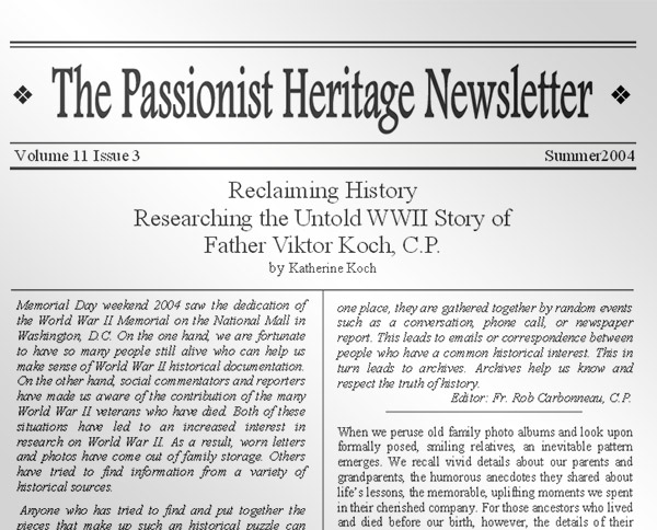 Article in the Passionist Heritage Newsletter: Latest News From the Viktor Project
